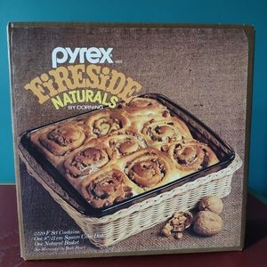 Vintage Pyrex Corning Fireside Dish and Rattan Basket
